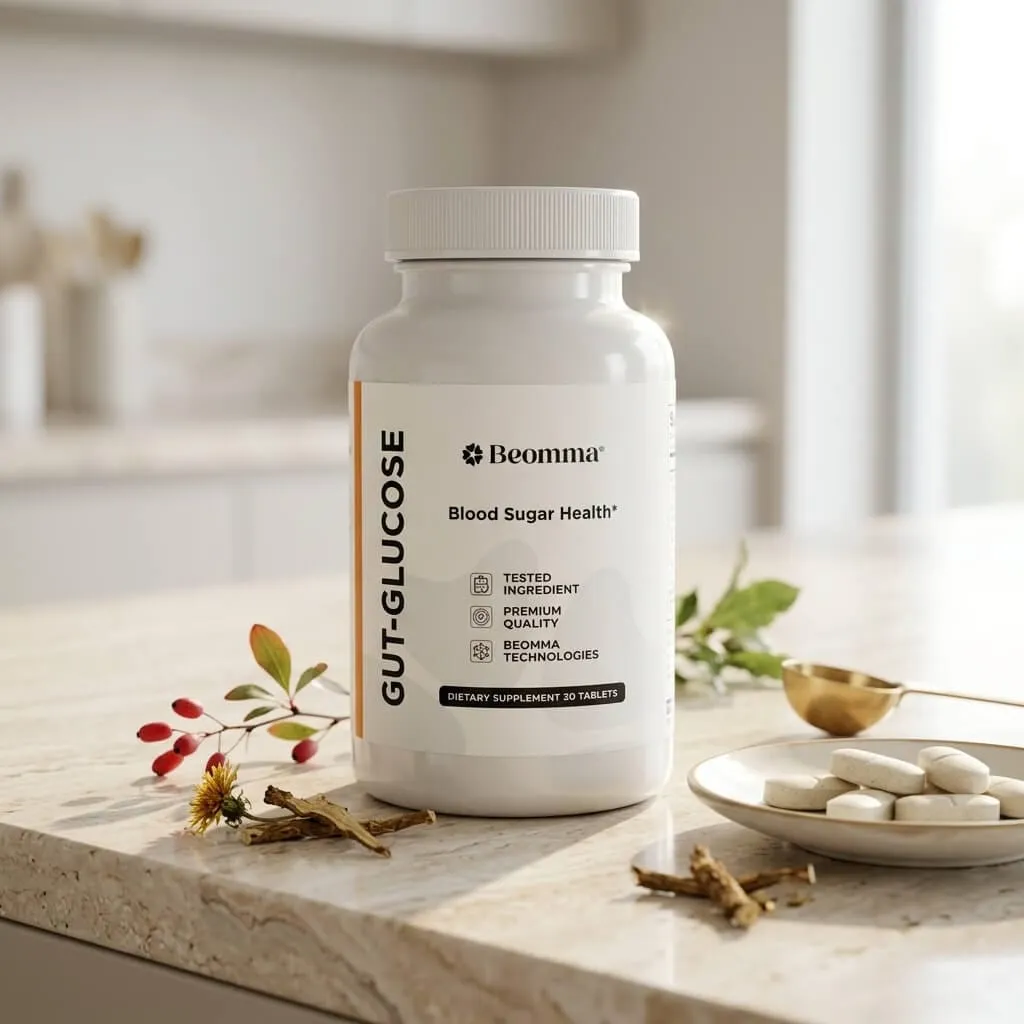 GutGlucose bottle with botanical ingredients