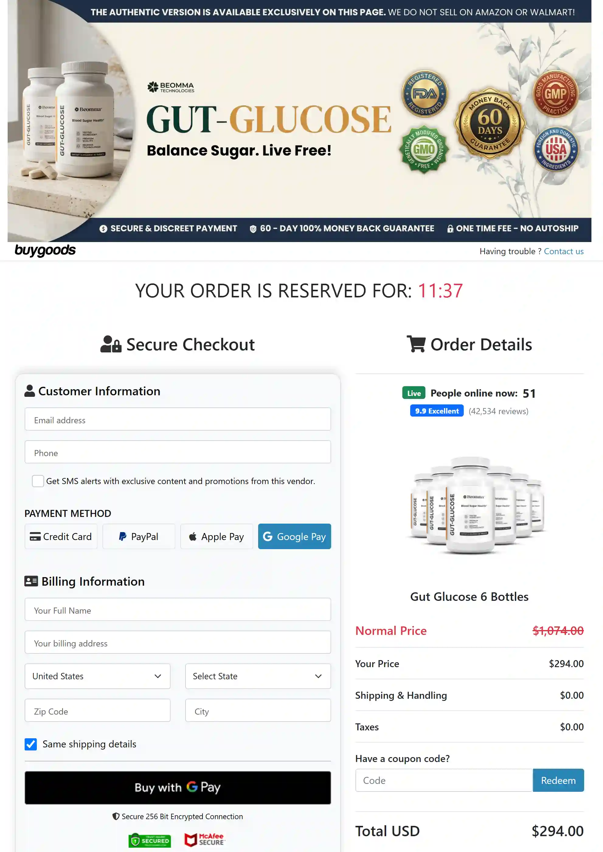 Preview of the official GutGlucose order page